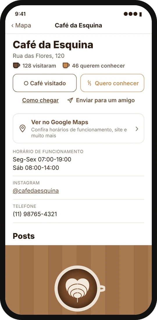 Página de um café com os botões de visitado e quero conhecer