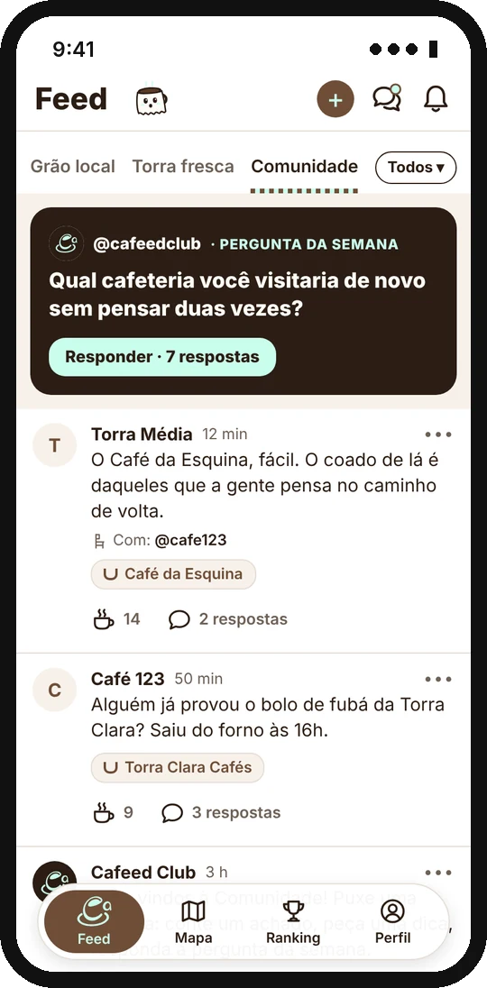 Aba Comunidade com a pergunta da semana e conversas sobre cafés