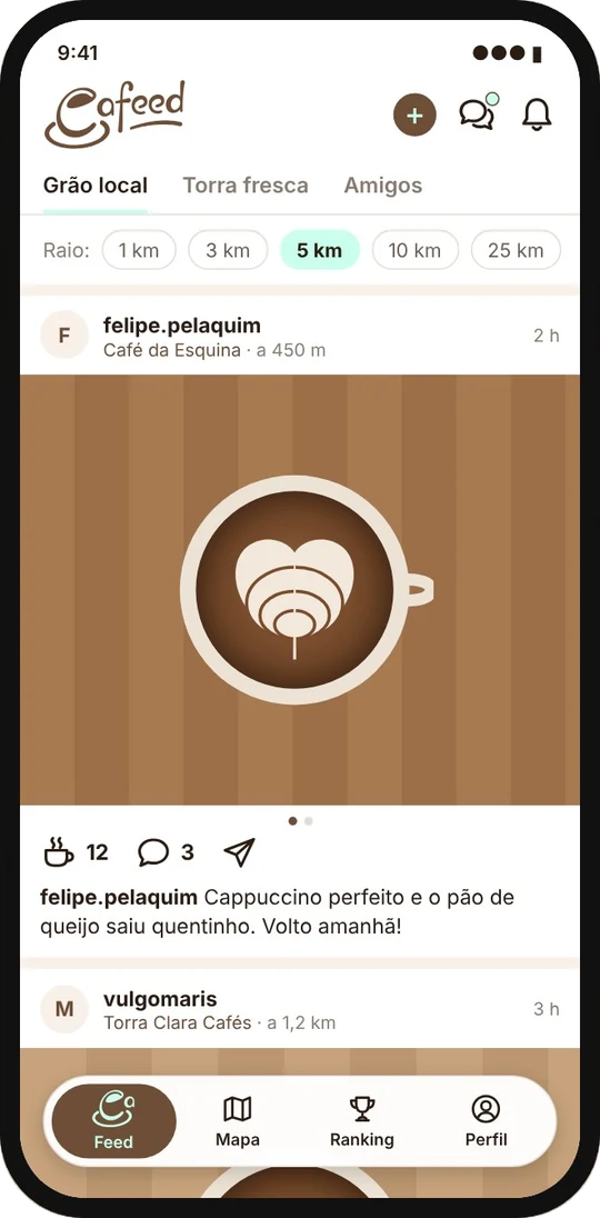 Feed do Cafeed com posts de cafés de quem está perto